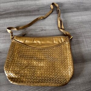 Vintage Ganson Metallic Gold Woven Leather Crossbody Bag - 80s Boho Chic